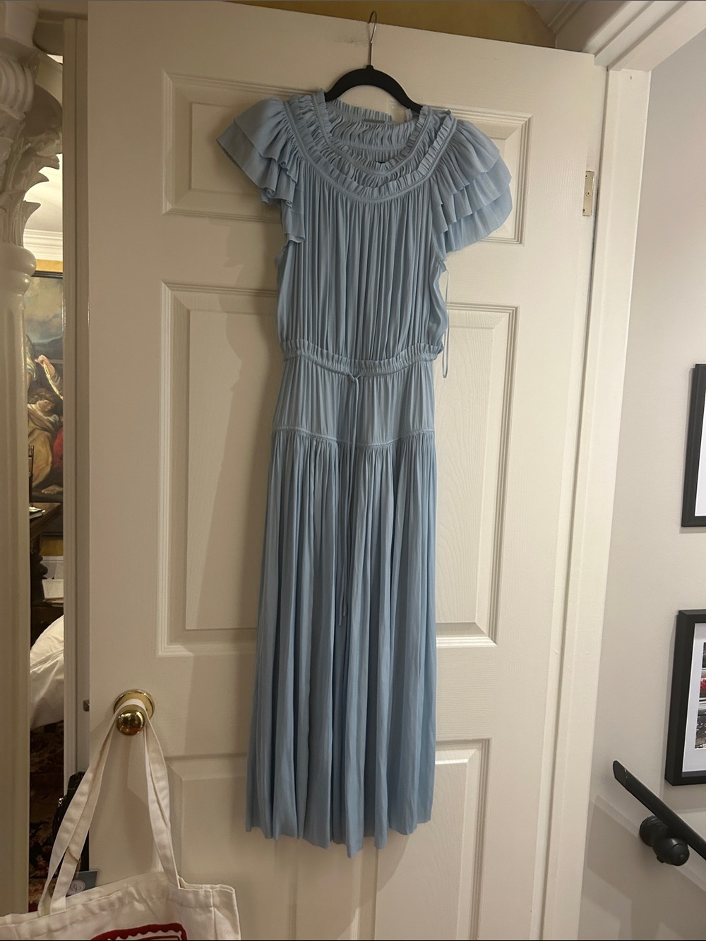 Elie Tahari Light Blue Pleated Ruffle Maxi Dress